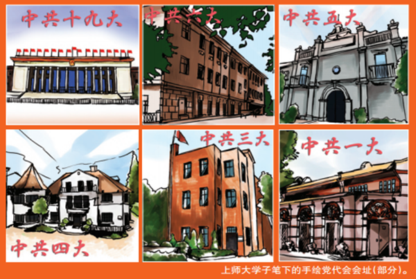 上海师范大学哲学与法政学院学生则用手绘党代会会址的方式表白十九大